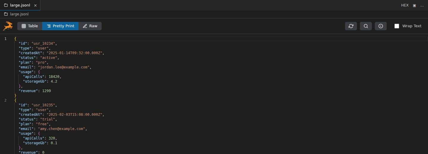 JSONL Gazelle's Pretty Print view showing each record as indented, syntax-highlighted JSON